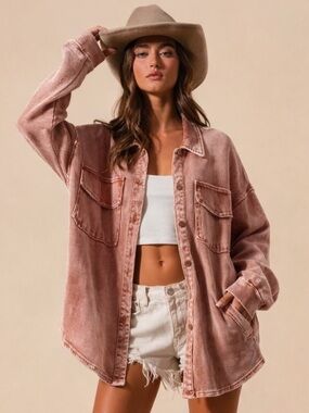 Jane & Delancey ButtonDown Waffle Shacket Shirt Mauve Pink Large